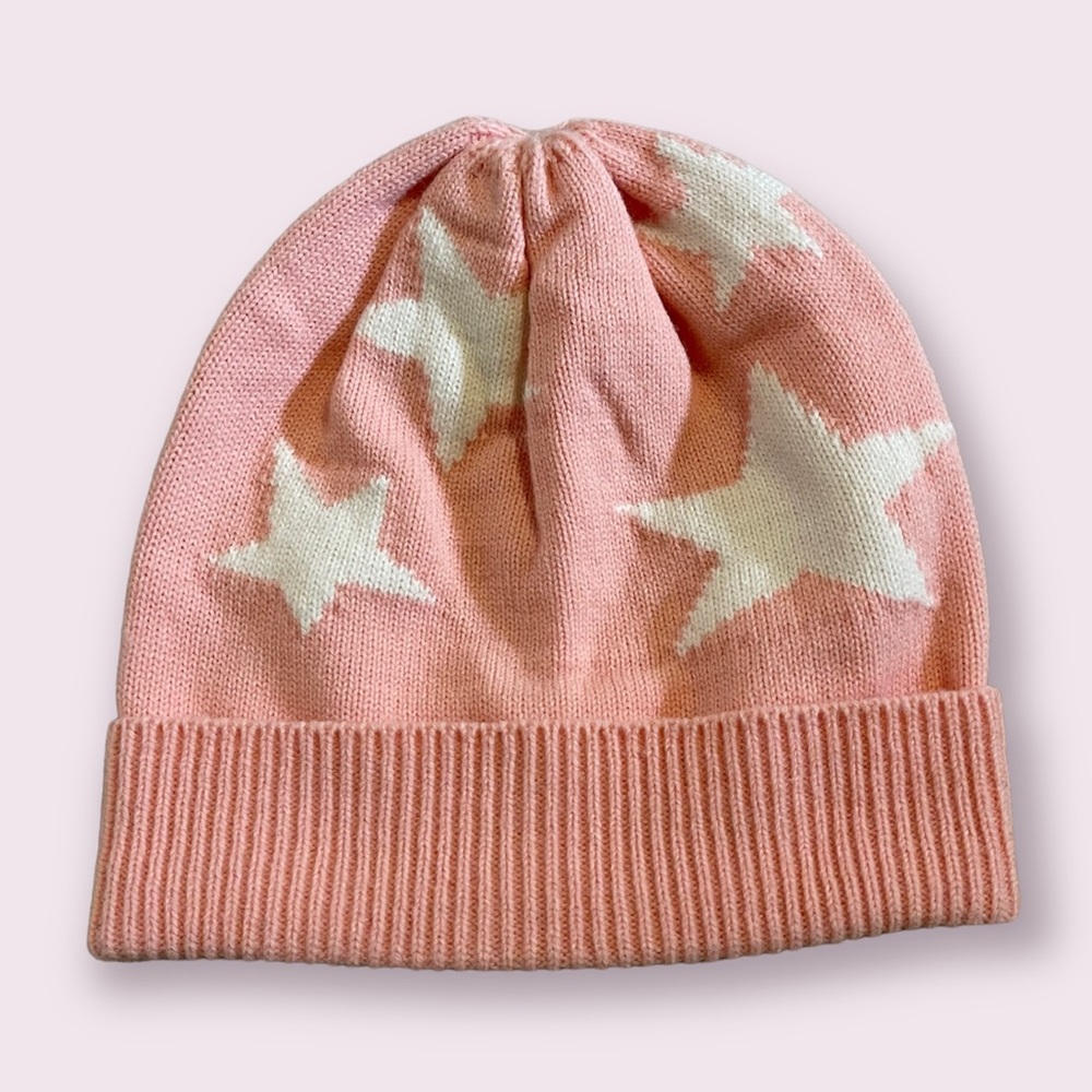 Crewcuts Wool Blend Pink Fold Over Beanie with Ivory Stars-L/XL